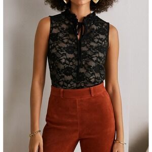 Perseption sz S Women's Sheer Black Floral Lace Tie Neck Lined Top Romantic Chic